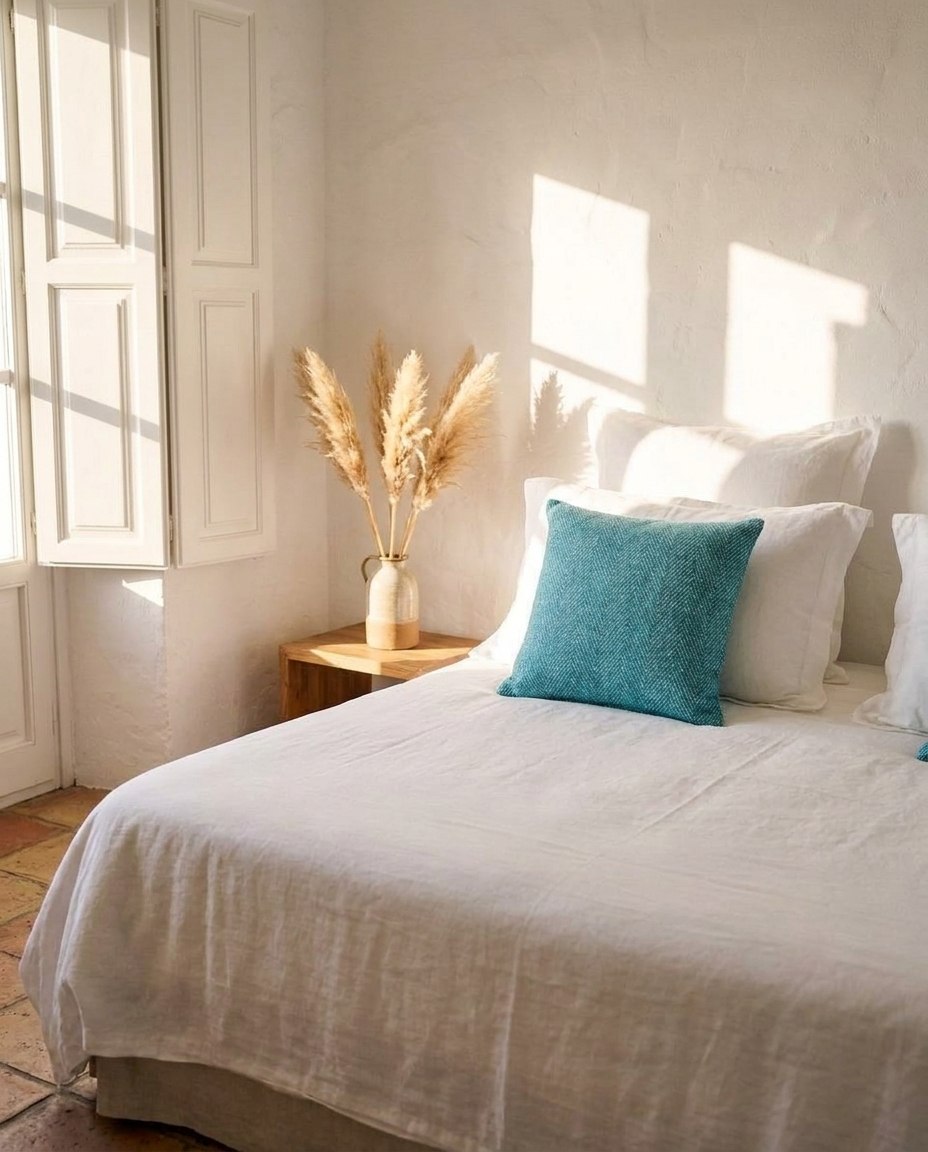 Coussin Lagon - chambre méditerranéenne blanche